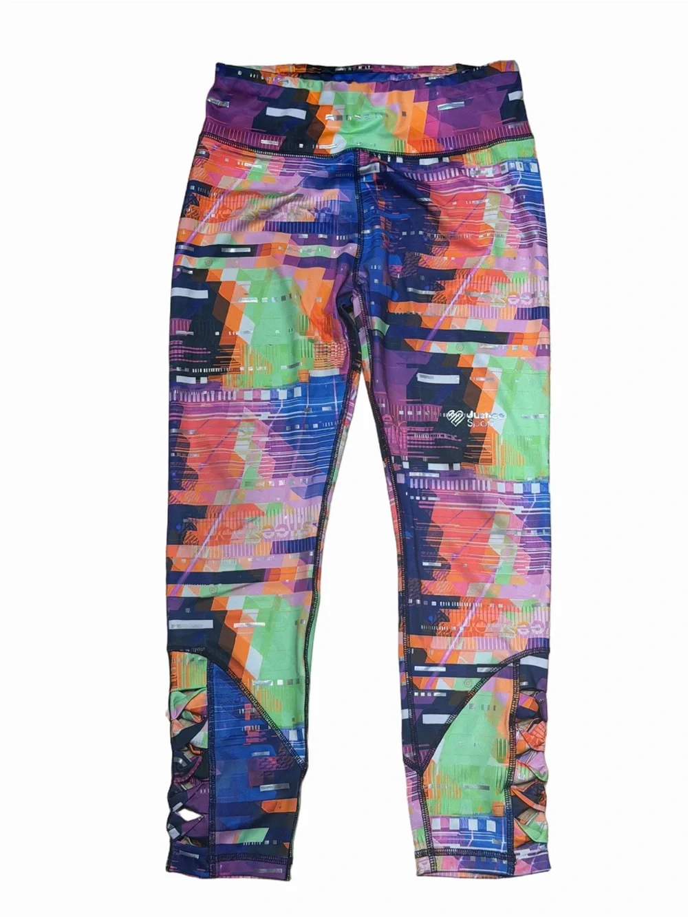 Justice Sport Girls XL 16/18 Multicolor Abstract Athletic Leggings Cutout Hem
